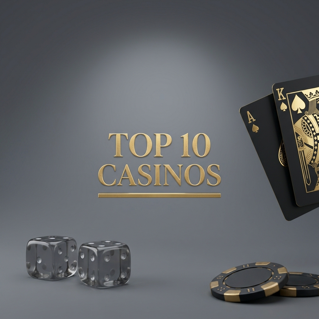 Gold and black Ace and King of spades with dice and chips, lettered Top 10 Casinos